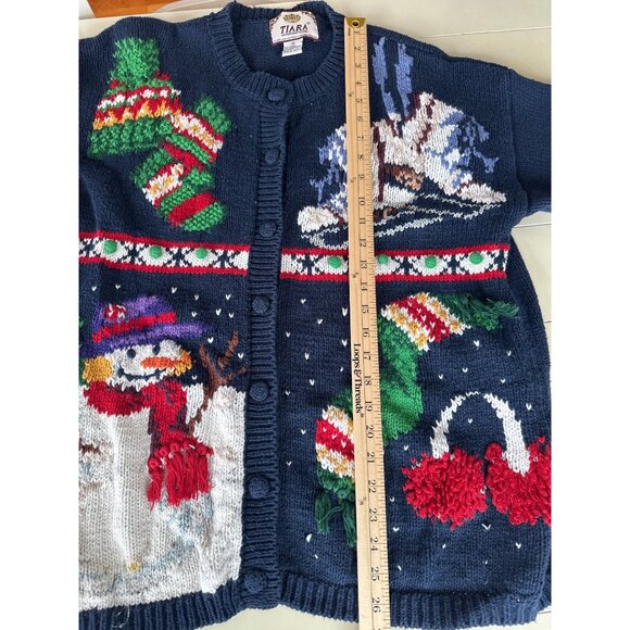 Vtg. 90's Winter Cardigan Sweater Hand Knit Snowman Ice Skates 3D Wearable Art - Picture 12 of 13